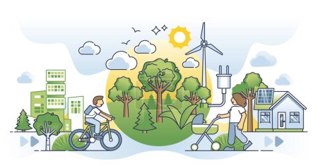 Téléchargez les illustrations : Clean energy community ecosystem with green lifestyle city outline concept. Society with sustainable, environmental and nature friendly thinking vector illustration. Life with alternative power usage - en licence libre de droit