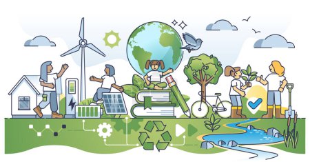 Illustration for Environmental education and ecology awareness for green future outline concept. Kids learning about sustainable alternative energy and knowledge about nature friendly power sources vector illustration - Royalty Free Image