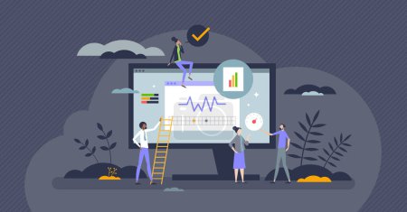 Illustration for Core web vitals and website performance evaluation tiny person concept. Check business page speed, input delay, responsiveness, SEO or user traffic for complex satisfaction report vector illustration - Royalty Free Image