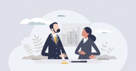 Illustration for Man and woman partners characters in business environment tiny person concept. Official office suit outfit for businessman and businesswoman vector illustration. Confident leaders with financial data - Royalty Free Image