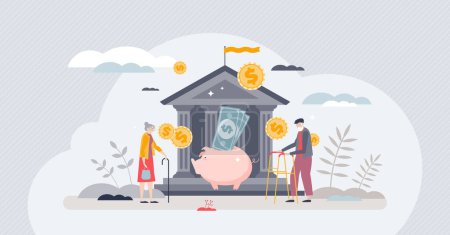 Ilustración de Retirement planning and pension fund saving in bank account tiny person concept. Financial security for seniors with income investment or deposit vector illustration. Wealth insurance for elderly. - Imagen libre de derechos