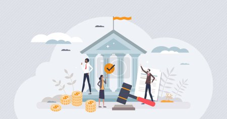 Illustration for Financial regulation as principles for EU budget tiny person concept. Banking management with government standards for money organization vector illustration. Establishment, implementation and control - Royalty Free Image