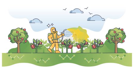 Illustration for Pesticides, insecticides and herbicides for plant protection outline concept. Toxic poison to kill insects vector illustration. Effective vegetables growth or chemical spray usage vector illustration - Royalty Free Image