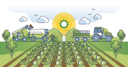 Agribusiness as agricultural business with food industry outline concept. Maximize efficiency for harvesting company profit vector illustration. Vegetables production and boost machinery productivity