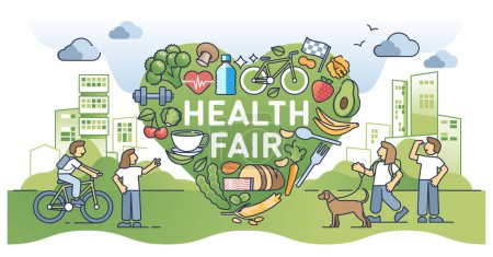Illustration for Community health fair as social campaign for body wellness outline concept. Health awareness with dietary eating and sport activities for vitality vector illustration. Exercise for heart welfare. - Royalty Free Image