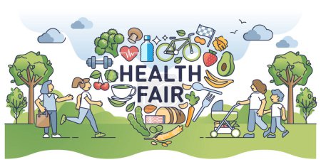 Illustration for Community health fair for active lifestyle and eating balance outline concept. Social care for diet nutrition and sport exercise significance vector illustration. Body and mental wellness awareness. - Royalty Free Image