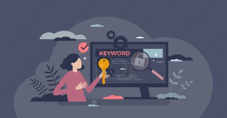 Illustration for Keyword research for SEO and website content ranking tiny person concept. Search engine optimization improvement work with online meta data results and information description vector illustration. - Royalty Free Image