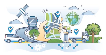 Illustration for GPS tracking devices for satellite signal location detection outline concept. Global positioning system for shipment tracking and courier route for delivery vector illustration. Point on route map. - Royalty Free Image