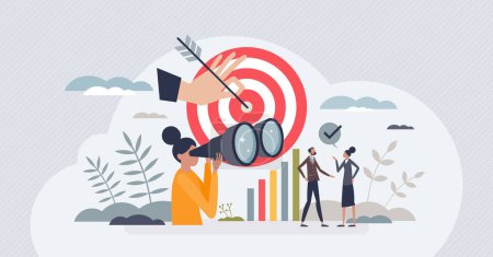 Targeted audience research methods for effective marketing tiny person concept. Find customer for loyal engagement from focused advertisement campaigns vector illustration. Find client for business.
