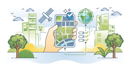 Illustration for Geofencing technology as focused area marketing notifications outline concept. Location services with GPS satellite signal for smartphone ads vector illustration. Geo fencing online communication. - Royalty Free Image