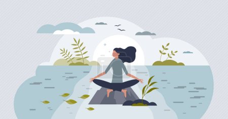 Mindfulness meditation, mental peace and yoga in nature tiny person concept. Calm balance with relaxation and wellness vector illustration. Spiritual mental practice with outdoors lotus posture.