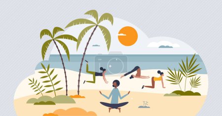 Ilustración de Retiros de bienestar con actividades deportivas y yoga en la playa concepto de persona pequeña. Ejercicios de estiramiento, meditación y ejercicio de energía en la ilustración de vectores de vacaciones tropicales de lujo. Estilo de vida saludable. - Imagen libre de derechos