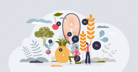 Functional foods for better health with wellness products tiny person concept. Nutritional vitamin source from greens, grains and vegetables eating for medical body benefits vector illustration.