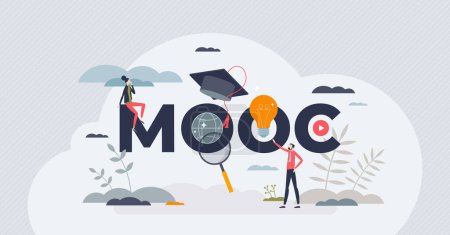 Illustration for MOOC or massive open online course as part of e-learning tiny person concept. Digital university with distance graduation program for personal development and knowledge growth vector illustration. - Royalty Free Image