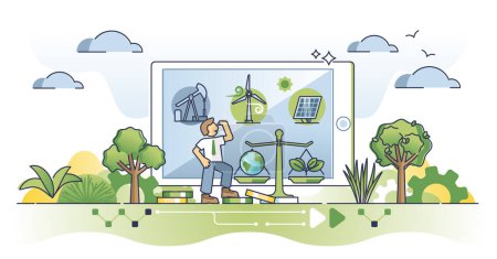 Illustration for Sustainable energy transition from fossil to nature friendly outline concept. Environmental electricity transformation with new solar or wind methods to produce green power vector illustration. - Royalty Free Image