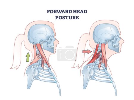 Forward head posture compared with healthy neck position outline diagram. Educational scheme with turtle neck condition and muscular system vector illustration. Anatomical spine problem explanation.