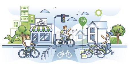 Ilustración de Infraestructura de bicicletas y línea de bicicletas en la ciudad urbana concepto de contorno de carreteras. Tipo de recreación verde, sostenible y ambiental con ilustración vectorial de la actividad de transporte público y movimiento. - Imagen libre de derechos