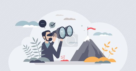 Illustration for Focusing on target and business challenge objective tiny person concept. Successful peak and top seeking vector illustration. Concentration on career future, improvement and opportunity. Find solution - Royalty Free Image