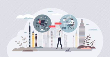 Illustration for Hybrid work policy as flexible location in office or home tiny person concept. Business with split time for employee workspace vector illustration. Company manager with urban environment or WFH. - Royalty Free Image