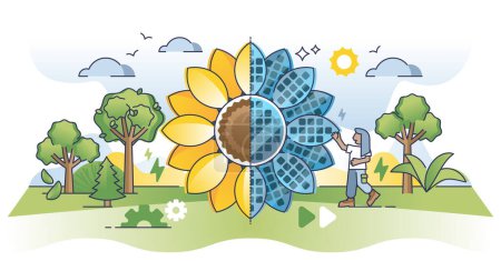 Illustration for Renewable energy sources with solar electricity panels outline concept. Sustainable and environmental power type using sunlight vector illustration. Climate friendly sun panels and charge collectors. - Royalty Free Image