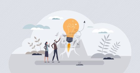 Illustration for Disruptive innovation with breakthrough change effect tiny person concept. Effective, fast and powerful product with creative project launch vector illustration. New solution as upward bulb movement. - Royalty Free Image