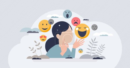 Illustration for Emotional intelligence and ability to read emotions tiny person concept. Psychological feeling with mental understanding about emotional expression vector illustration. Self temper recognition skills. - Royalty Free Image