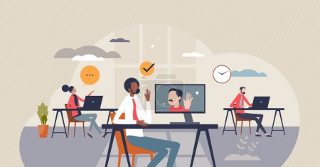Illustration for Video conferencing with software and team colleagues tiny person concept. Online technology with digital online communication technology vector illustration. Conference or job call with connection. - Royalty Free Image