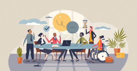 Illustration for Diversity and inclusion in workplace as team acceptance tiny person concept. Teamwork power with various ethnic, racial and culture groups vector illustration. Business staff employment tolerance. - Royalty Free Image