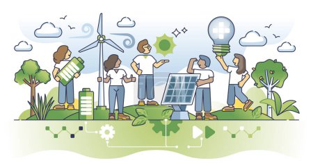 Illustration for Community based renewable energy for green electricity outline concept. Society support for future nature friendly solar or wind power vector illustration. Save sustainable and environmental climate. - Royalty Free Image