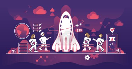 Illustration for Space tourism and commercial space travel with passengers outline concept. Civil tourists with spacesuit for journey in cosmos vector illustration. Rocket with astronauts and pilot. Stratosphere jet. - Royalty Free Image