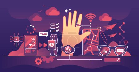 Illustration for Wearable technology for health monitoring and GPS tracking outline concept. Smart watch or glasses with integrated technology for sport activity heart rate, pulse or oxygen level vector illustration. - Royalty Free Image