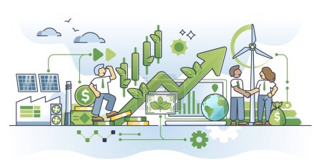Illustration for Green finance and impact investing for sustainable business outline concept. Environmental investment evaluation with renewable resources consumption vector illustration. Economy and climate goal. - Royalty Free Image