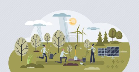Social entrepreneurship as sustainable corporate project tiny person concept. Startup community with environmental principles and activity for reforestation and green lifestyle vector illustration.