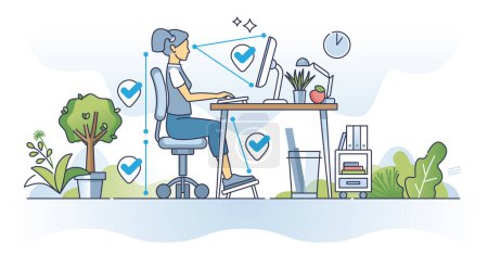 Illustration for Ergonomics for remote work and correct sitting posture outline concept. Back support and spine position from chair height vector illustration. Working from home in comfortable and healthy workspace. - Royalty Free Image
