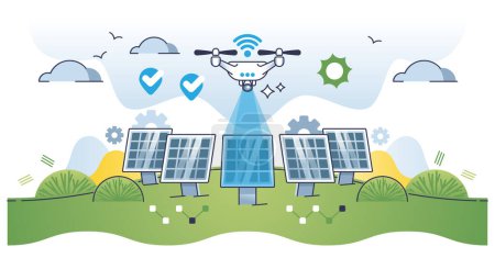 Illustration for Drones for solar inspection as automatic technical checkup outline concept. Renewable energy panel efficiency diagnostics with autonomous flight vector illustration. Unmanned robot technology usage. - Royalty Free Image