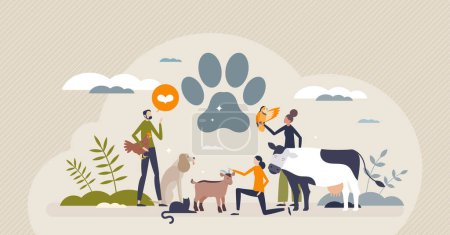 Illustration for Animal welfare with best veterinary treatment and care tiny person concept. Ethical wildlife and domestic mammals protection and friendly attitude vector illustration. Dog and cat happiness awareness - Royalty Free Image