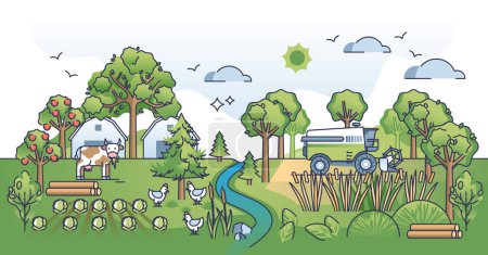 Agroforestry as land use practice for ecological farming outline concept. Environmental animal husbandry with sustainable biodiversity and various plants growing vector illustration. Farmland harvest