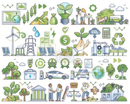 Illustration for Sustainable investment elements and green ESG ecology outline collection. Social responsible business strategy, recyclable resources and renewable power consumption items group vector illustration. - Royalty Free Image