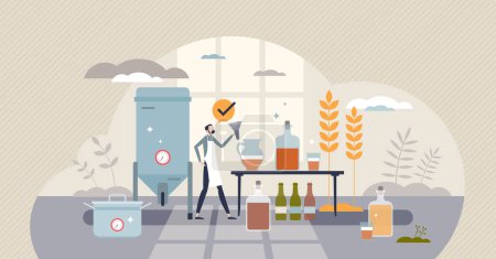 Illustration for Home brewing as beer, wine or spirit distillation process tiny person concept. Hobby style brewery with craft ale or lager type beverage vector illustration. Wheat with hops and alcohol in bottle. - Royalty Free Image