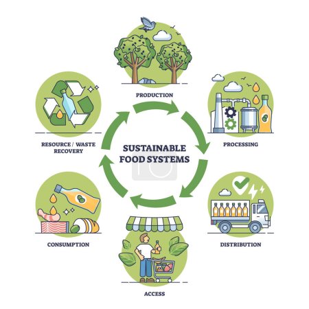 Illustration for Sustainable food systems with nature friendly resource consumption outline diagram. Labeled educational scheme with ecological grocery processing, distribution or waste management vector illustration - Royalty Free Image