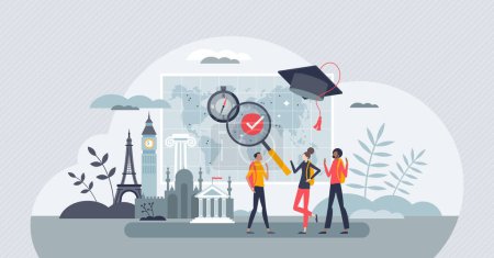 Study abroad and international education for learning tiny person concept. Travel to Europe university for graduation and diploma vector illustration. Academic wisdom and global teaching experience.