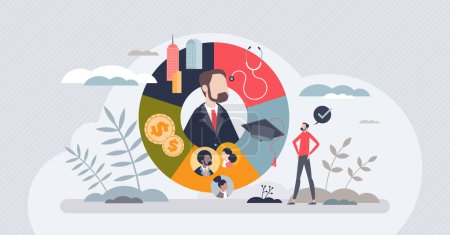 Illustration for Social determinants of health and medical wellness tiny person concept. Factors that affects life expectancy, healthcare and life quality vector illustration. SDOH with economic or social conditions - Royalty Free Image
