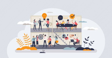 Business operations and professional company work process tiny person concept. Task management with effective and productive teamwork vector illustration. Project stages from development to agreement