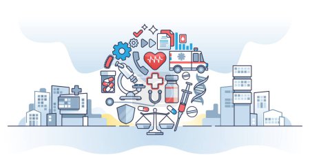 Illustration for Health information technology and medical care IT complex outline concept. Patient digital history, prescriptions, treatment or diagnosis records vector illustration. Clinic e-health service elements - Royalty Free Image