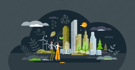 Illustration for Eco friendly living and green, environmental lifestyle tiny person concept. Society with alternative power usage, sustainable garbage management and smart resources consumption vector illustration. - Royalty Free Image
