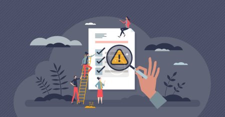 Illustration for Risk assessment and safety checklist business evaluation tiny person concept. Company document inspection for possible threats and problem points for investment and finances vector illustration. - Royalty Free Image