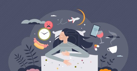 El insomnio causa y problemas para dormir por la noche concepto de persona diminuta. Las causas del problema del insomnio y los malos hábitos impactan en la relajación y la calidad de la ilustración del vector de higiene del sueño. Ansiedad y estrés.