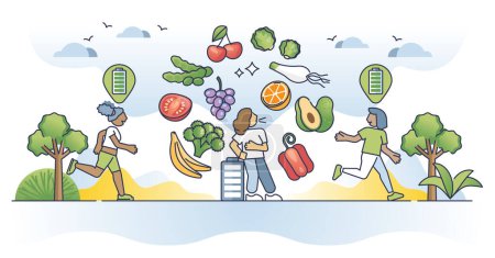 Illustration for Nutrient deficiencies as lack of vegetable vitamin intake outline concept. Calcium, iron and omega shortage for tired and exhausted feeling vector illustration. Check eating habits for healthy effect - Royalty Free Image