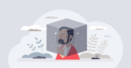 Fixed mindset and trapped thoughts in a mind box tiny person concept. Knowledge and skills management problem with afraid of mistakes and unknown vector illustration. Living in locked brain box.
