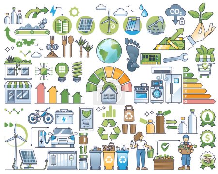 Illustration for General eco friendly elements with sustainable ecology outline collection set. Item group with waste management, resource effective consumption and alternative nature energy vector illustration. - Royalty Free Image